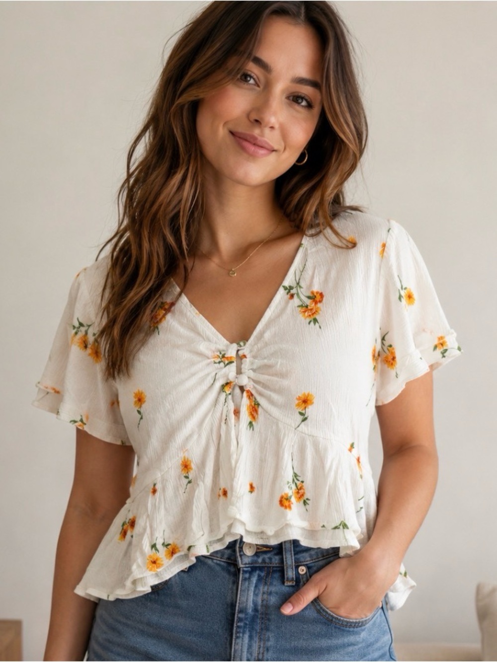 La Hearts White Floral Tie-Front Peplum Blouse with Orange Accents